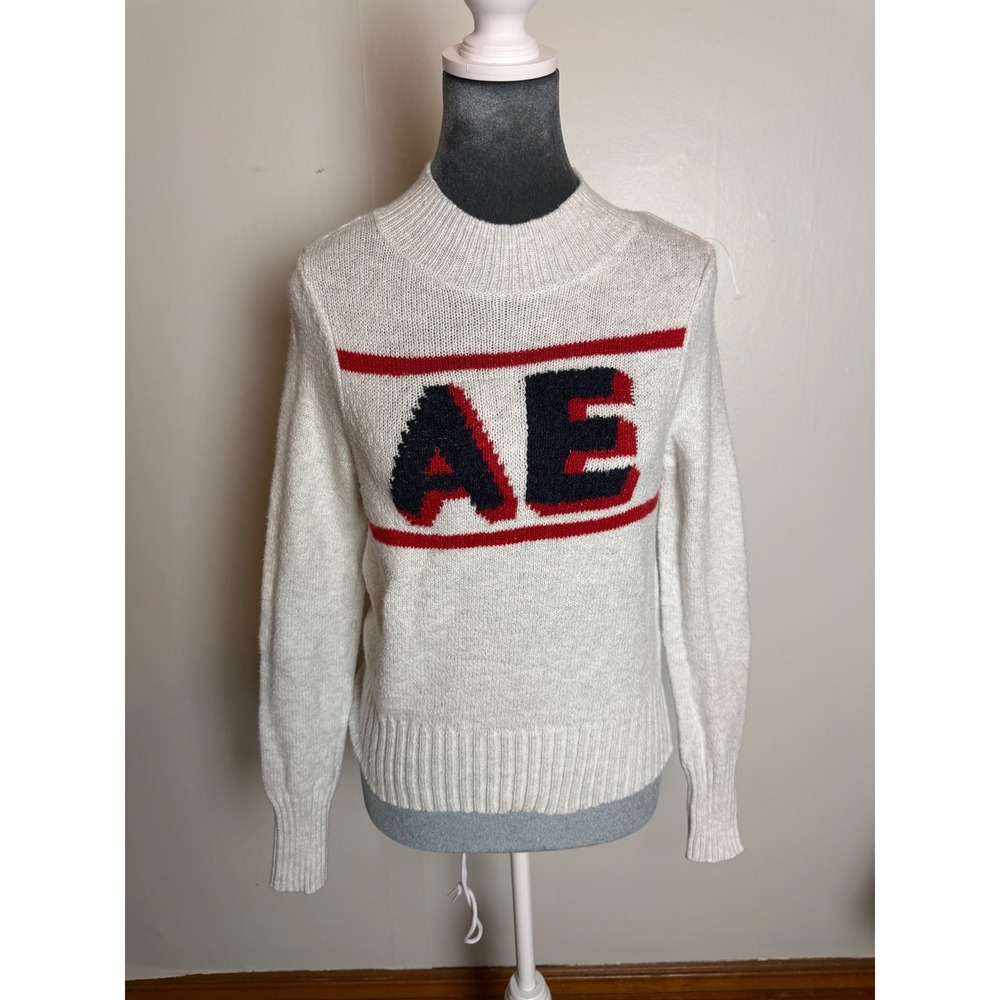 American Eagle AE Logo Knit Sweater Varsity Mock Neck ski preppy Y2K 90's